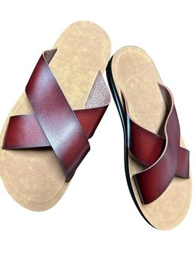 New Burgundy Leather Crossband Slide Sandals EU 41 / US 10 Suede Footbed Summer